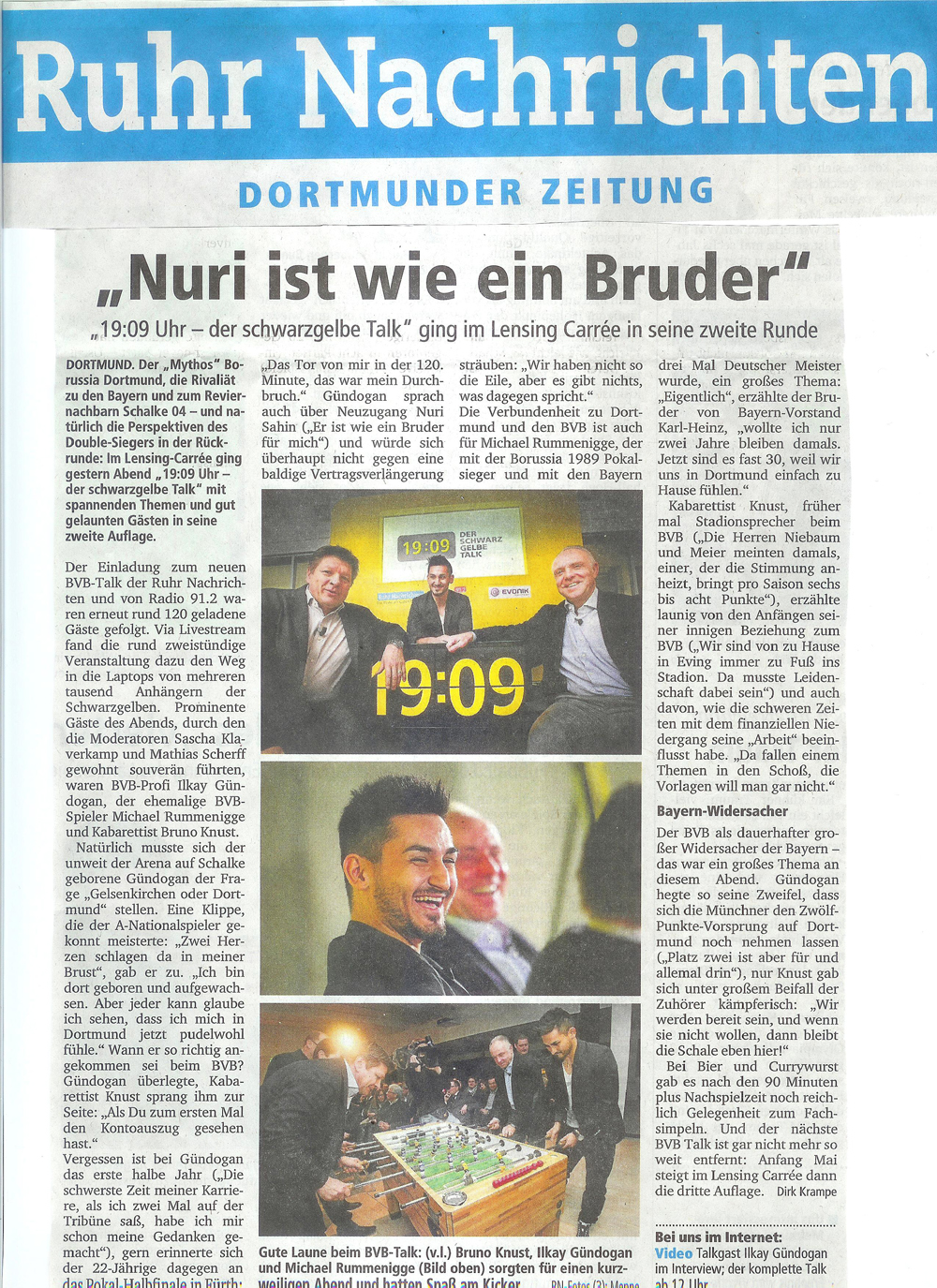 Artikel in der Ruhr Nachrichten vom 21.01.2013 anlässlich des Auftritts bei „19:09 Uhr – Der schwarzgelbe Talk“